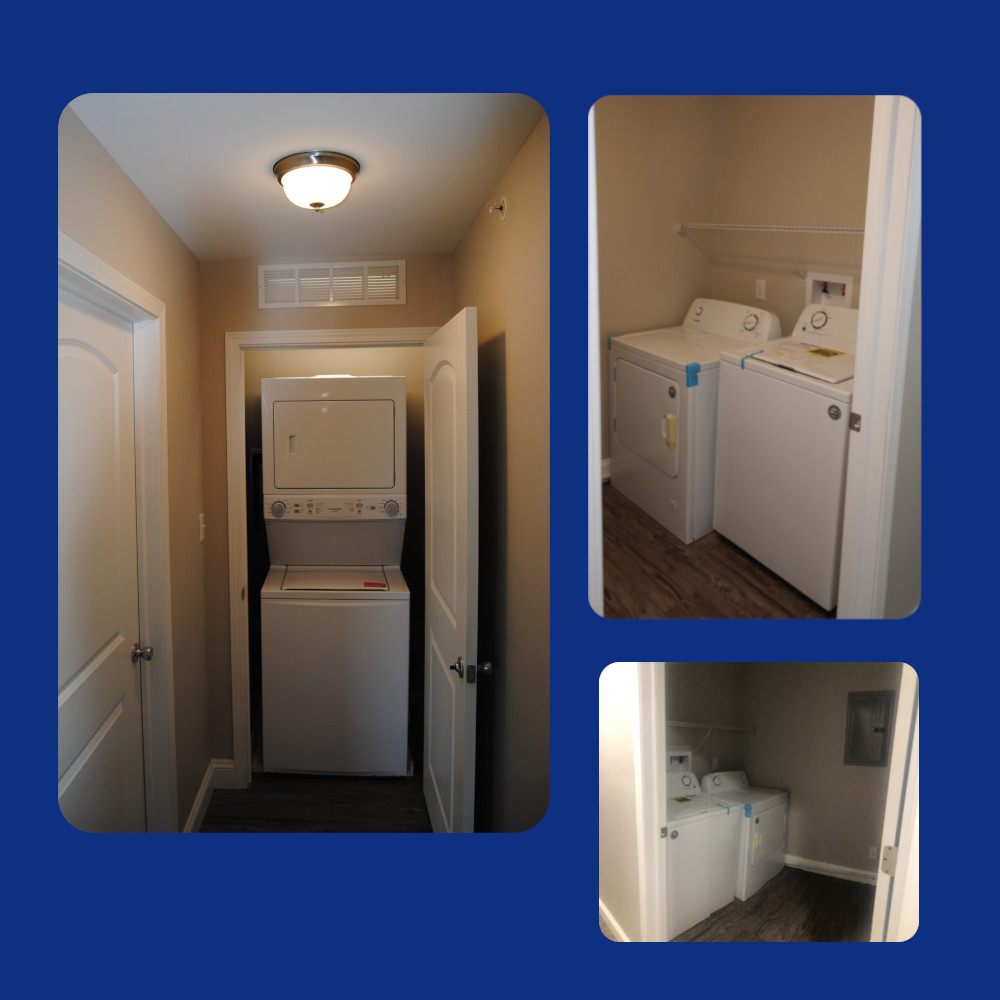 Laundry room with space for cleaning products and hamper.
